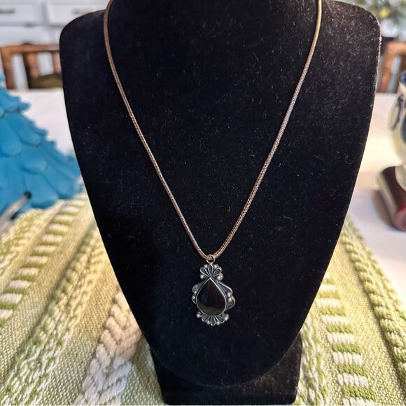 Sterling Silver & Onyx Teardrop Necklace (.925) - Picture 3 of 7